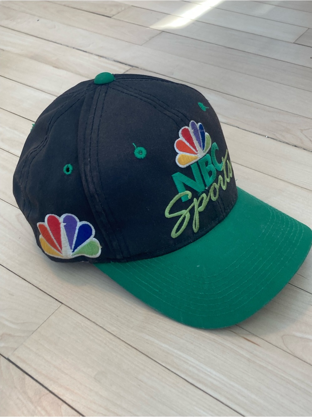 Vintage NBC Sports SnapBack Hat Black Green Peacock Logo Distressed Adjustable